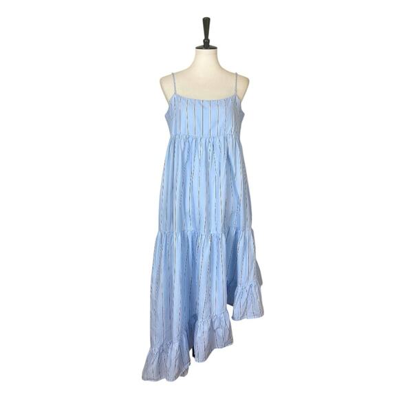 Frame Midi Dress Asymmetrical Ruffle Hem Sleeveless Blue Stipe Women Size Large - Picture 14 of 16